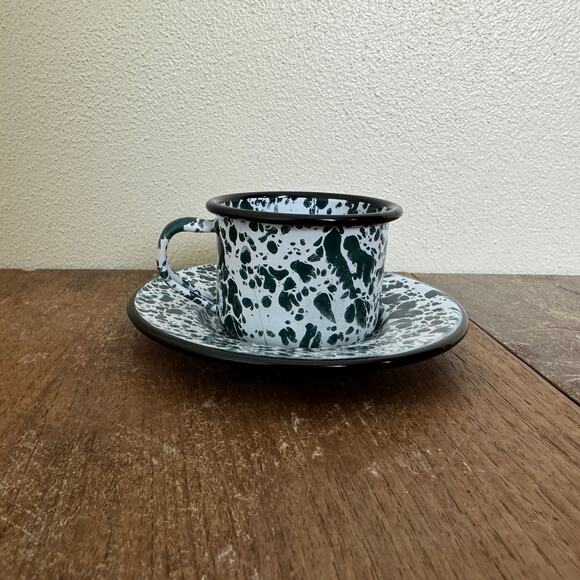 Vintage Reproduction White Green Child Size Granite Enamel Ware Tea cup & saucer - Picture 1 of 11